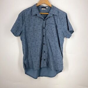 LL Bean Mens Blue Geometric Tribal Print Short Sleeve Button Down Shirt Size M
